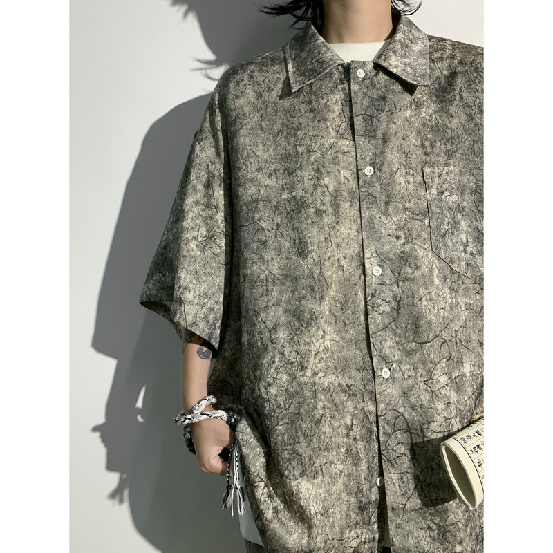 新中式风缎面冰丝薄款宽松五分短袖短裤套装504-W33-P80控128,男装衬衫,星座504
