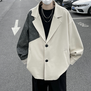 24潮牌复古皮拼色西服高级感痞帅气质休闲西装504-W27-P85控108,西服控男穿搭图片