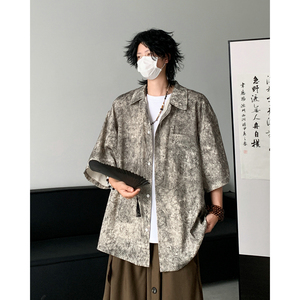 25新中式风缎面衬衫高级感潮流宽松男短袖衬衣504-W682-P45控69图片