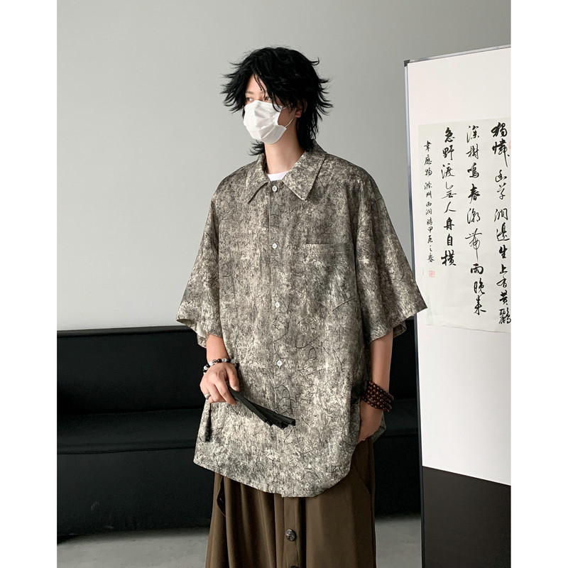 25新中式风缎面衬衫高级感潮流宽松男短袖衬衣504-W682-P45控69,男装T恤,星座504