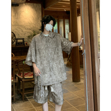 新中式风缎面冰丝薄款宽松五分短袖短裤套装504-W33-P80控128，男装休闲套装，星座504