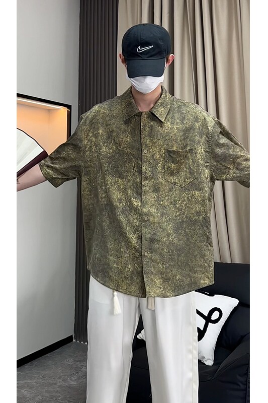 25新中式风缎面衬衫高级感潮流宽松男短袖衬衣504-W682-P45控69,男装T恤,星座504