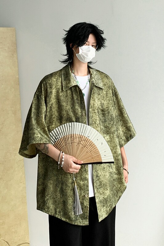 25新中式风缎面衬衫高级感潮流宽松男短袖衬衣504-W682-P45控69,男装T恤,星座504