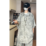 新中式风缎面冰丝薄款宽松五分短袖短裤套装504-W33-P80控128，男装休闲套装，星座504