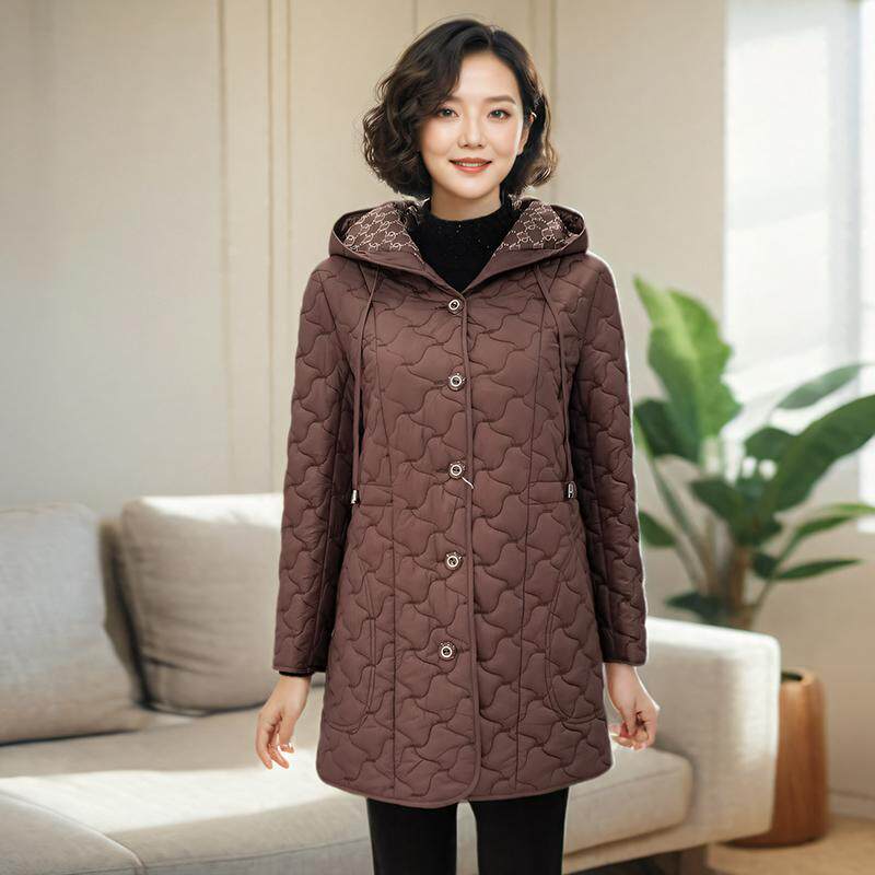 妈妈冬装洋气轻薄夹棉外套棉袄中长款中老年人女秋冬连帽棉服上衣
