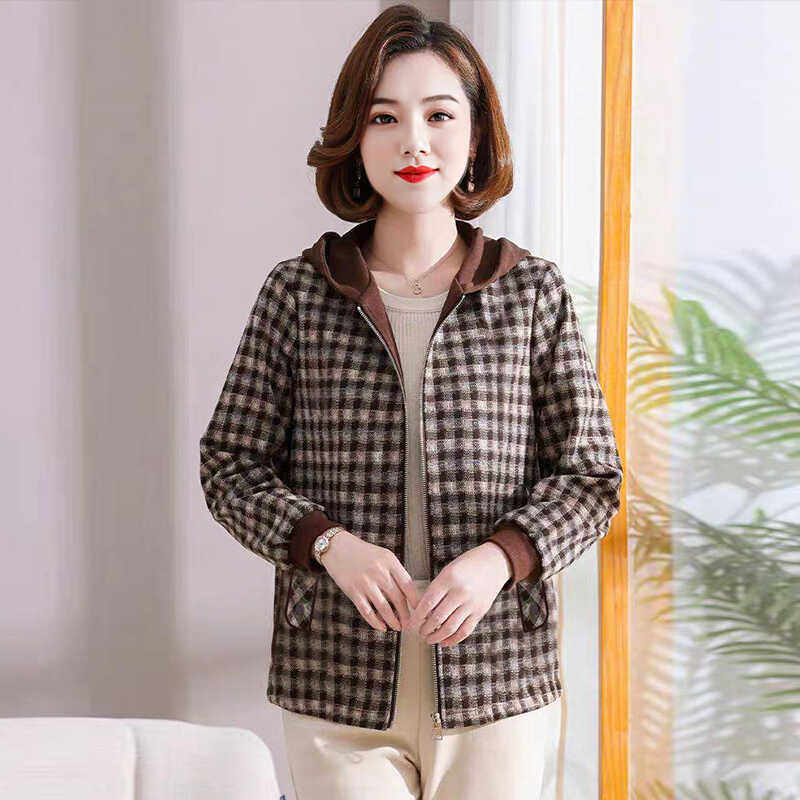 文君妈妈装时尚外套高贵春秋品牌上衣中年女洋气连帽格子双色上衣