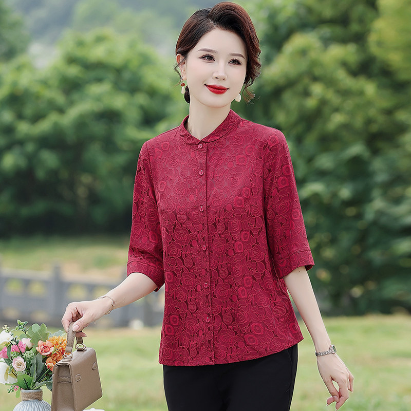 香云纱小衫蓝色妈妈中袖国风