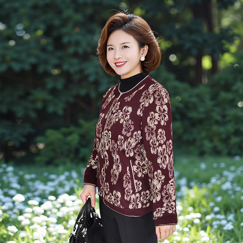 文君2025新款中老年女装针织印花外套时尚小香风圆领春秋妈妈上衣