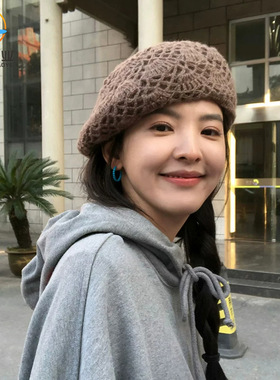 秋冬薄款透气双层钩花贝雷帽女