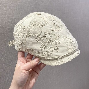 薄款刺绣花朵前进帽子女春夏季新款复古百搭显脸小鸭舌贝雷帽透气