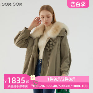 SOMSOM/索玛派克服女款冬款兔毛内胆可拆卸时尚狐狸毛毛领外套女