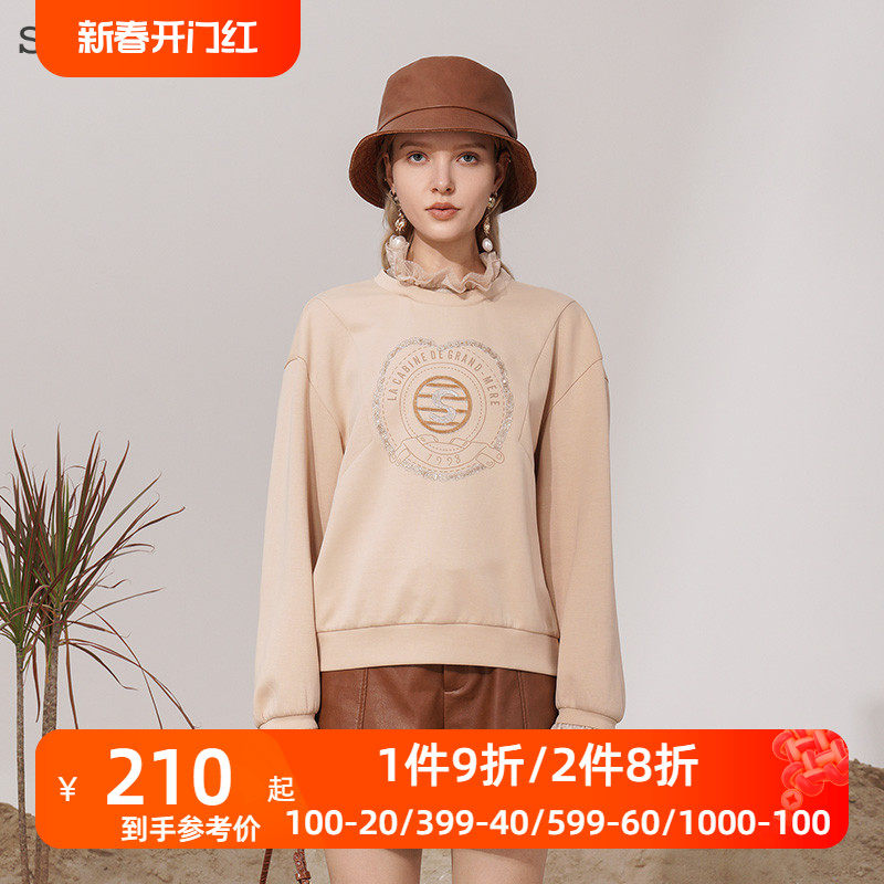 SOMSOM/索玛假两件女士卫衣秋季蕾丝拼接刺绣内搭打底衫长袖上衣