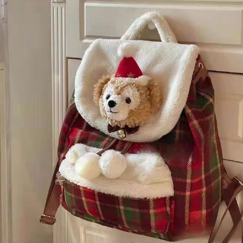 可爱圣诞双肩包少女心铃铛毛绒格子背包外贸卡通熊尼圣诞礼物书包