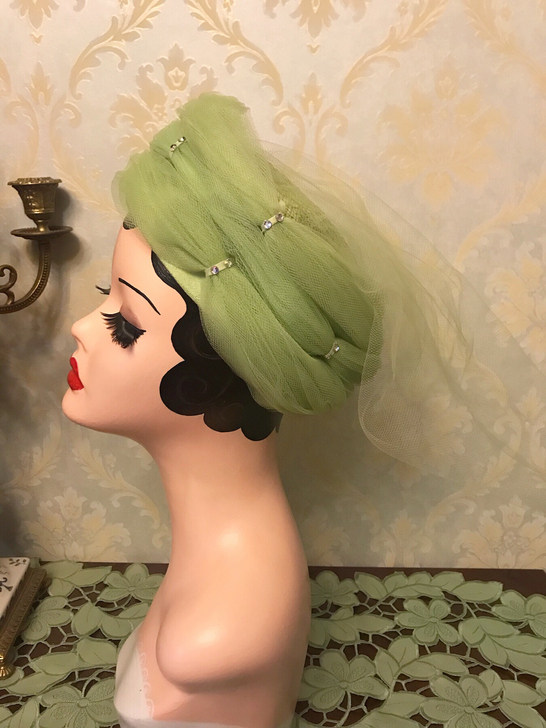 售罄 美国vintage西洋古董帽子水绿复古水钻网纱女帽头饰帽饰