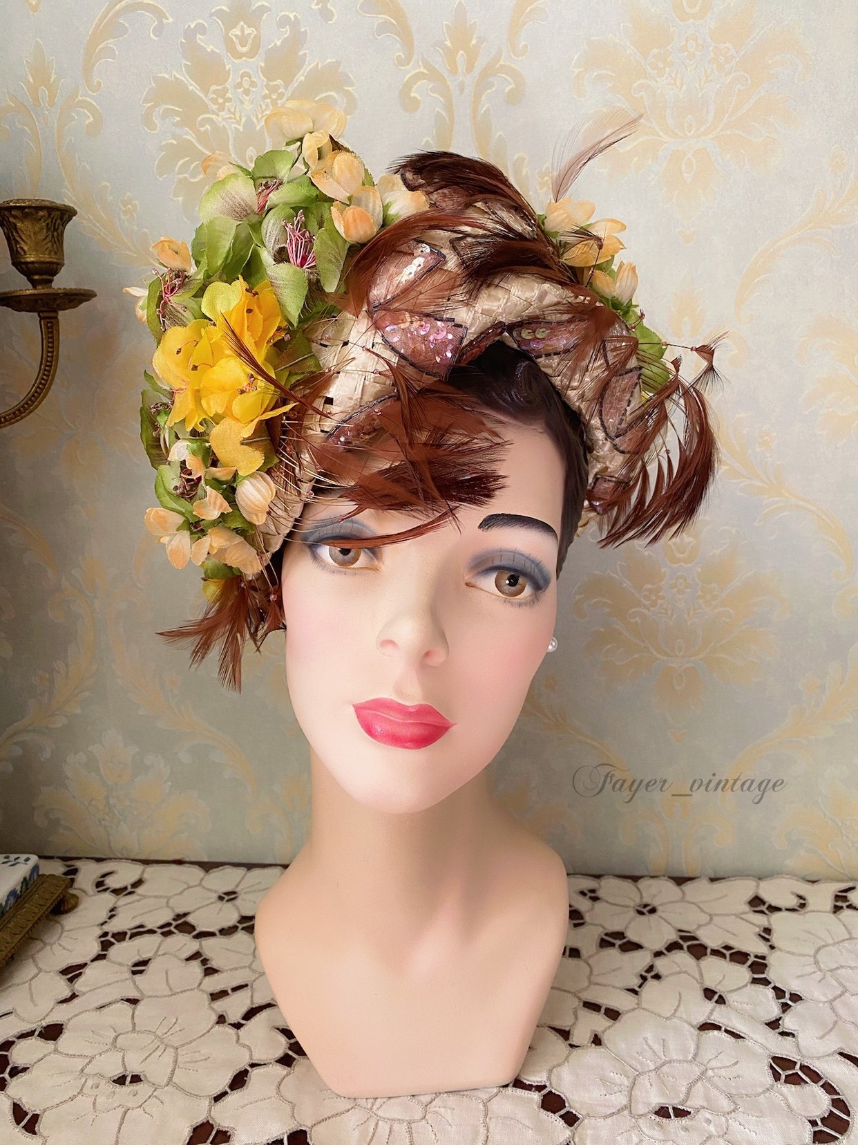 绿野仙踪vintage中古董帽子花卉羽毛亮片复古着女帽草帽孤品 现货