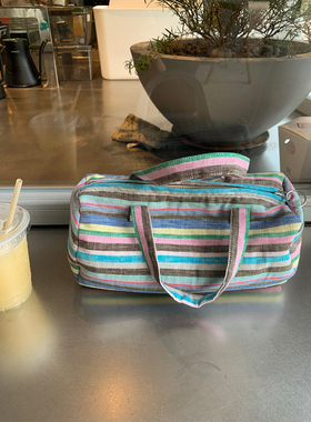 Maybekuii | 彩色条纹亚麻圆筒手拎包 #258