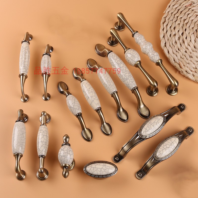 欧式裂纹陶瓷拉手现代橱柜抽屉衣柜门单孔仿古青古铜五金把手美式