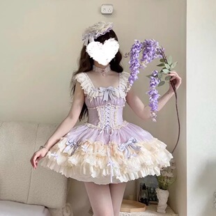 可爱优雅芭蕾风蛋糕裙连衣裙Lolita 洛丽塔法式 小芙蝶 蓝绿紫