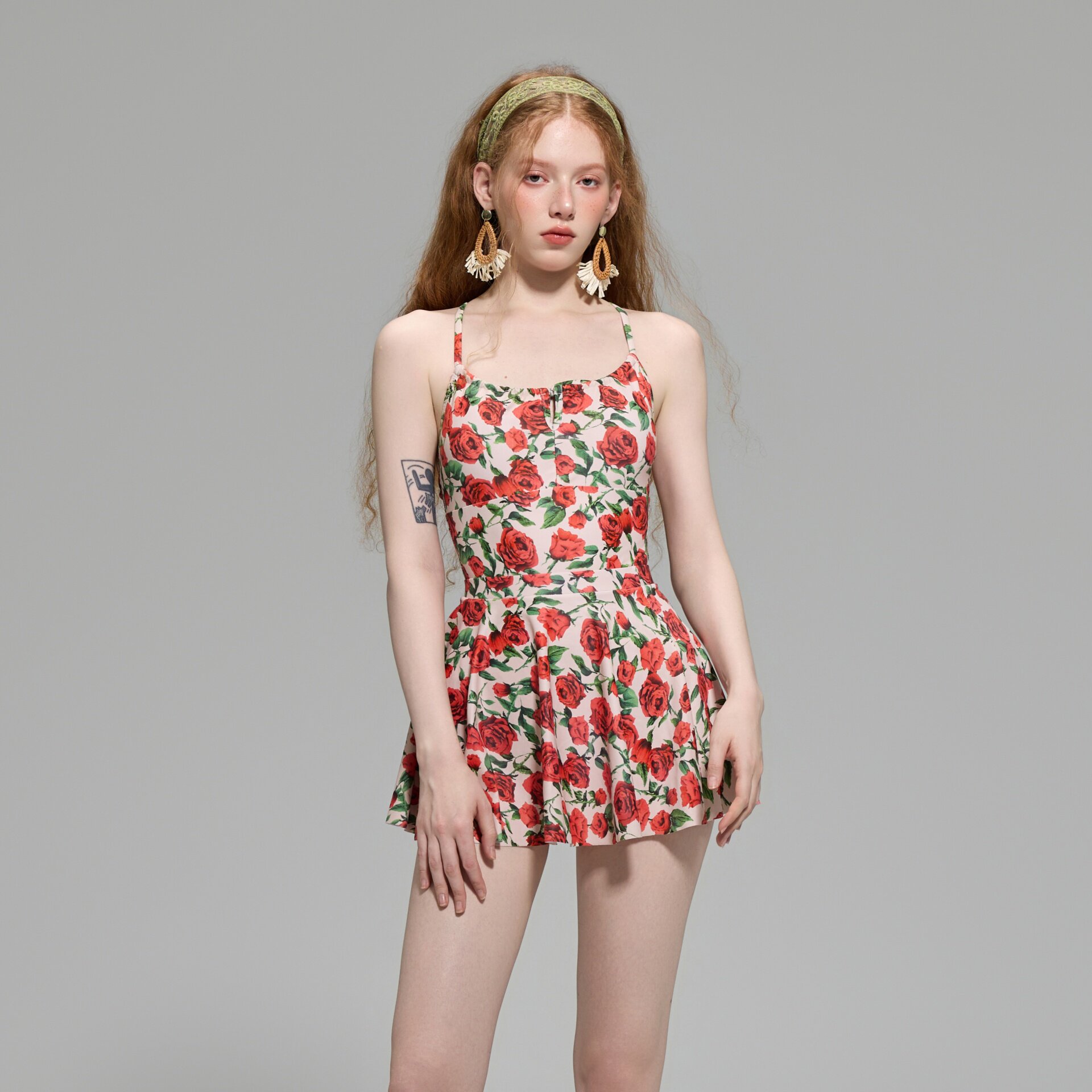 裙式两件套印花三角连体泳衣温泉