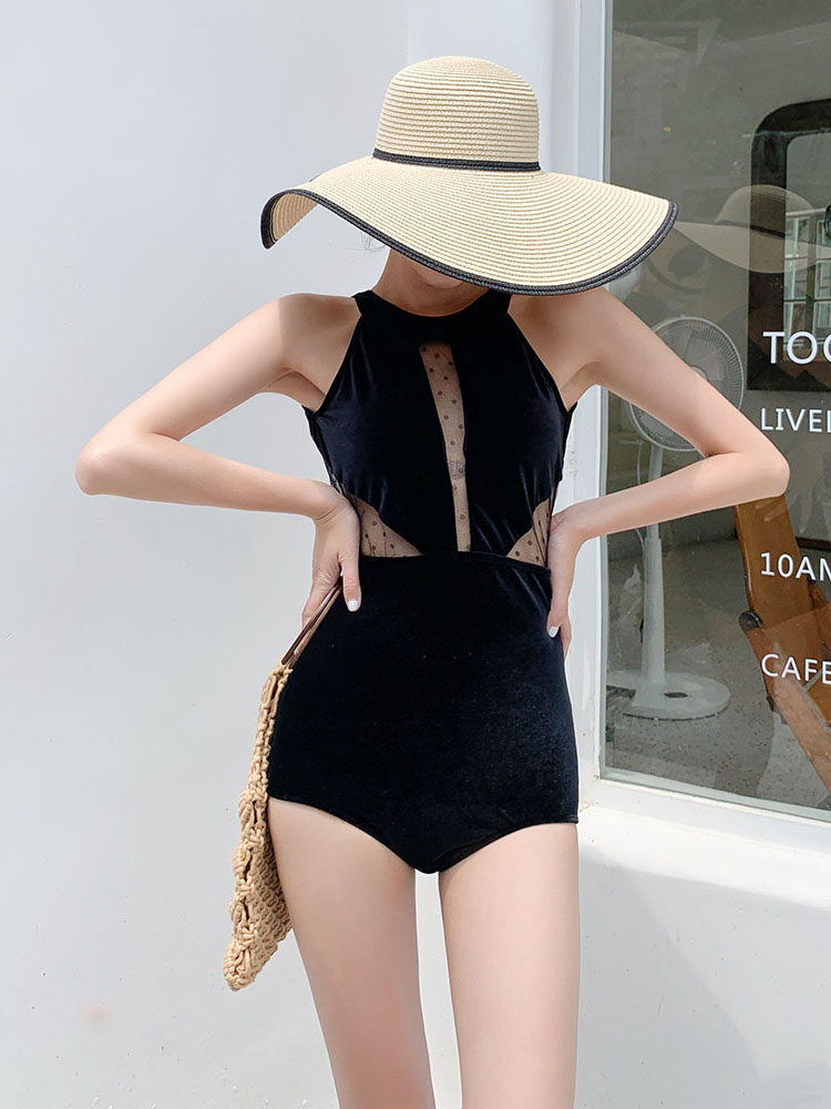 Princess Surana triangle one-piece swimsuit Female sense thin belly cover velvet conservative small chest hot spring bathing suit