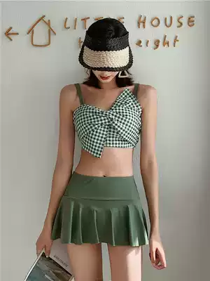 2018 new high waist gathered hot spring swimsuit sexy small chest student small fresh skirt two-piece swimsuit female conservative