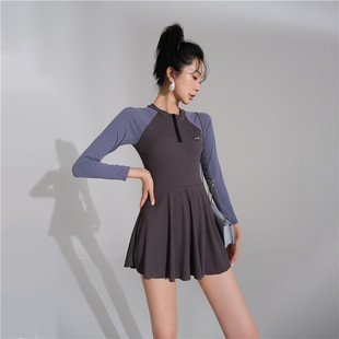 苏拉娜公主连体泳衣女保守显瘦遮肚长袖裙式运动拉链泡温泉游泳衣