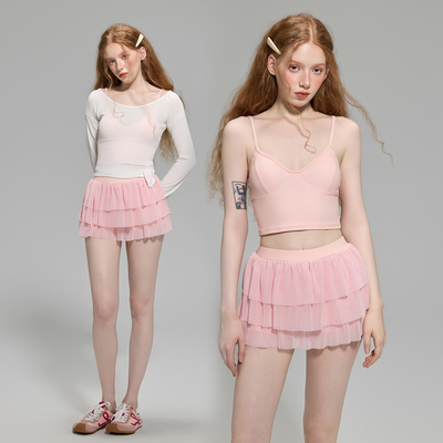 粉色网纱三件套裙式分体泳衣甜美