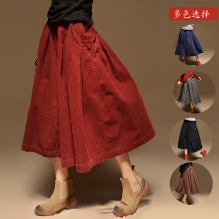 2025春秋新款 松紧腰灯芯绒A字裙女文艺复古宽松显瘦休闲半身裙女