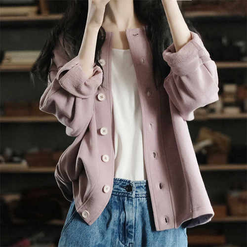 开衫圈圈棉宽松纯色圆领卫衣文艺