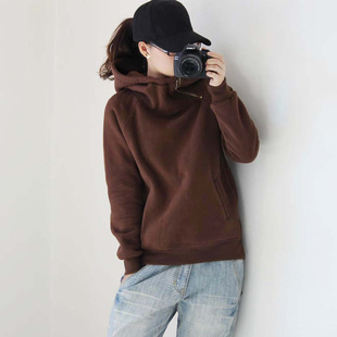 2024冬季新款加绒加厚连帽拉链设计短款纯棉卫衣T恤宽松外套女