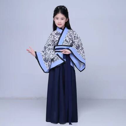 汉式风儿童青花瓷汉服女童演出服元旦表演服古装经典款