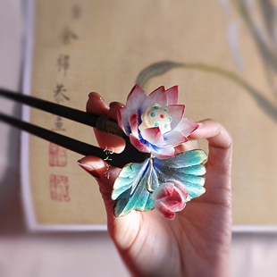 非遗绒花荷花黑檀木发簪手工绒花发夹抓夹日常国风汉服旗袍盘发饰