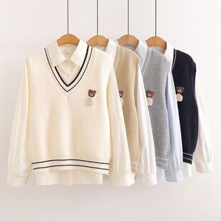 针织马甲女2025新款韩版宽松甜美清新学院风长袖衬衫学生两件套