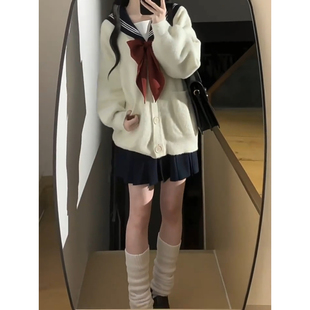 毛衣开衫外套秋冬小个子甜美原创jk制服日系仿水貂白色毛绒绒针织