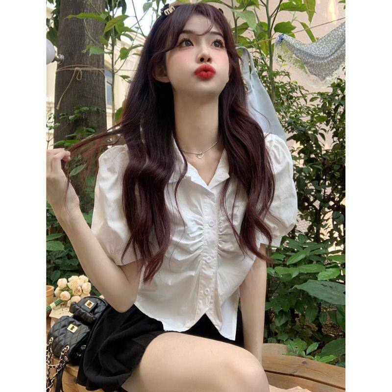 夏季jk制服套装白色衬衫女泡泡短袖韩版小众修身显瘦褶皱短款衬衣