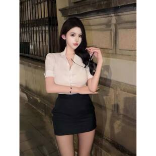 衬衣女包臀裙显瘦上衣两件套套装 纯欲风OL制服工作服衬衫 收腰短袖