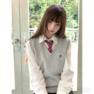 jk制服套装 上衣校供感 马甲女春秋日系学院风针织毛衣背心叠穿衬衫