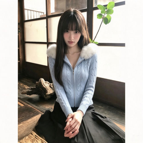 韩系蓝色毛领毛衣外套女新款秋冬