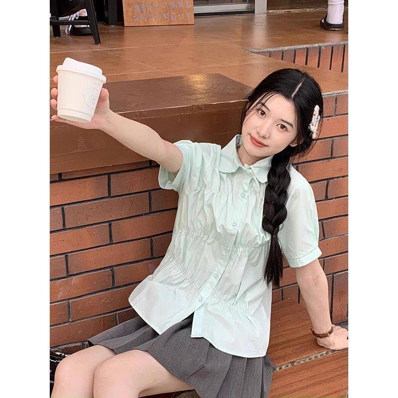 学院风薄荷绿甜美衬衫上衣女款夏季2026年新款设计感百搭短袖衬衣