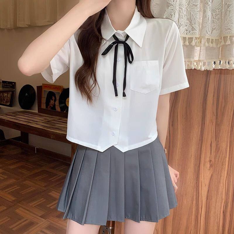 学院风白色短袖衬衫女2026夏季jk制服套装设计感简约百搭短款上衣