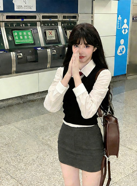 jk制服套装针织马甲衬衫辣妹包臀