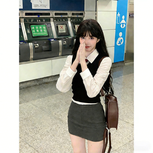 jk制服套装针织马甲衬衫辣妹包臀半身裙女韩系学院风小个子秋冬款