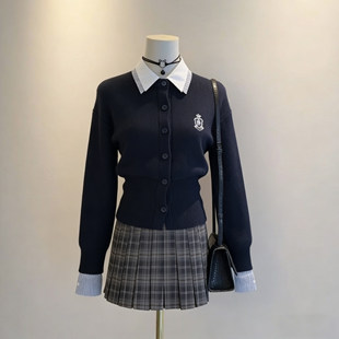 藏蓝色jk制服氛围感毛衣女春秋针织假两件外套上衣学院风短裙套装