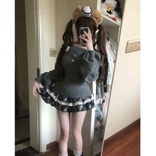 日系古早感甜美可爱萌妹兔耳领收腰显瘦设计出片穿搭精致麻花毛衣