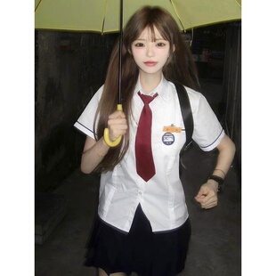 学院风白色短袖衬衫女背着善宰跑JK制服套装小率同款韩国校服班服