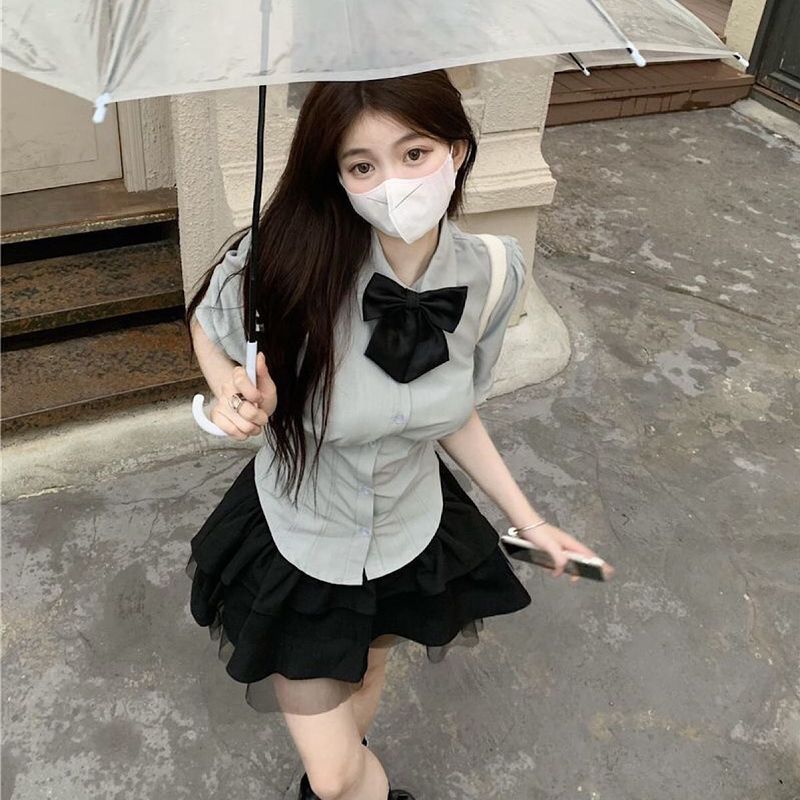 套装夏季新款辣妹学院jk制服套装女收腰衬衫泡泡袖衬衫裙子一整套