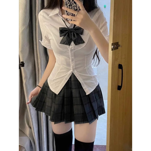 jk短袖衬衫制服工作服百褶裙套装女夏学院风纯欲辣妹修身白色衬衣