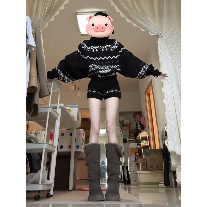 秋冬松弛感复古黑色费尔岛毛衣短