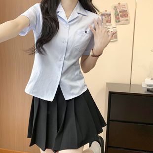 套装原创条纹衬衫jk制服新款开襟夏季收腰短袖学院衬衣百褶裙