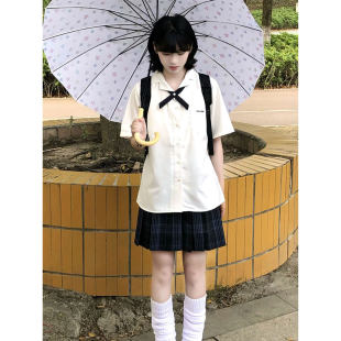 女2026新款 白色衬衫 学院风古巴领刺绣学生衬衣上衣 短袖 jk制服夏季